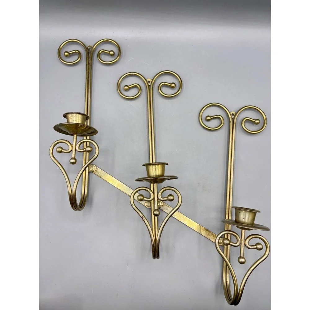 Vintage Brass Triple Wall Sconce Adjustable Folding Scroll Heart Candle Holder